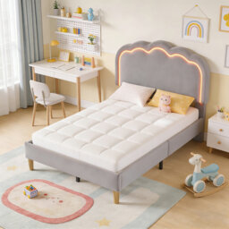 Single LED Bed Frame with Adjustable Puff-Shaped Headboard - Upholstered Linen Teen Bed with Music Sync Lights & Wooden Slats for Bedroom/Guest Room