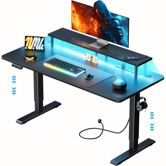 LED Electric Standing Sitting Desk, Gaming Desk with Built-In Socket & USB Port, Computer Table with Monitor Stand, 3 Memory Functions, Gaming Table B