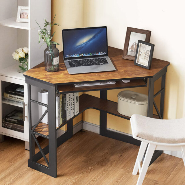 Lambrecht Corner Computer Desk with Smooth Keyboard and Storage Shelves, Farmhouse Triangle Computer Desk for Home Office, Living Room, Bedroom and Sm