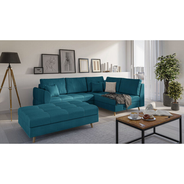 Corner Sofa And Footstool with Wooden Legs In Scandinavian Style Knutsford