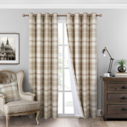 100% Blackout Curtains Check Eyelet Curtain Bedroom Plaid Woven Brushed Cheque Pair of Highland Woolen Look Window Treatment for Living Room Beige 46