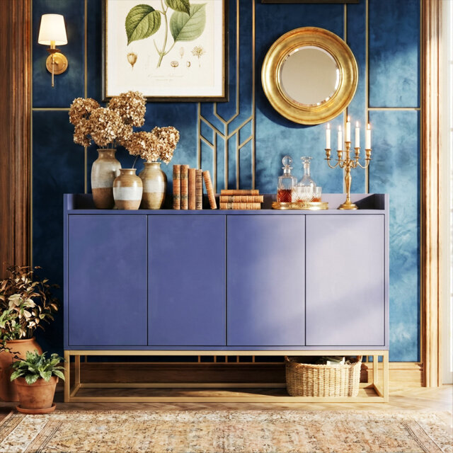 120CM Modern 4-Door Sideboard With Gold Metal Legs, Handle-Free Push-To-Open Buffet Cabinet With Raised Top Edge