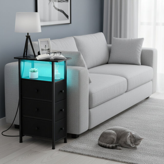 LED Narrow Side Tables, Slim End Table with 3 Fabric Drawer and Charging Station