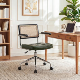 Ayris Mid-Century Modern Faux Leather Adjustable Swivel Office Chair with Hand Woven Rattan Back and Chrome Casters Base