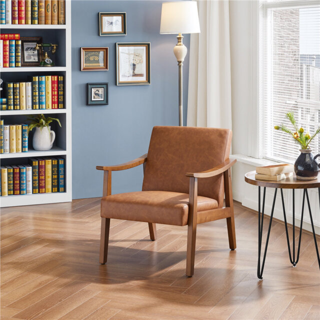 62cm Wide Faux Leather Mid-Century Modern Armchair, Upholstered Accent Chair with Solid Wood Legs