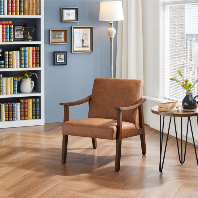62cm Wide Faux Leather Mid-Century Modern Armchair, Upholstered Accent Chair with Solid Wood Legs