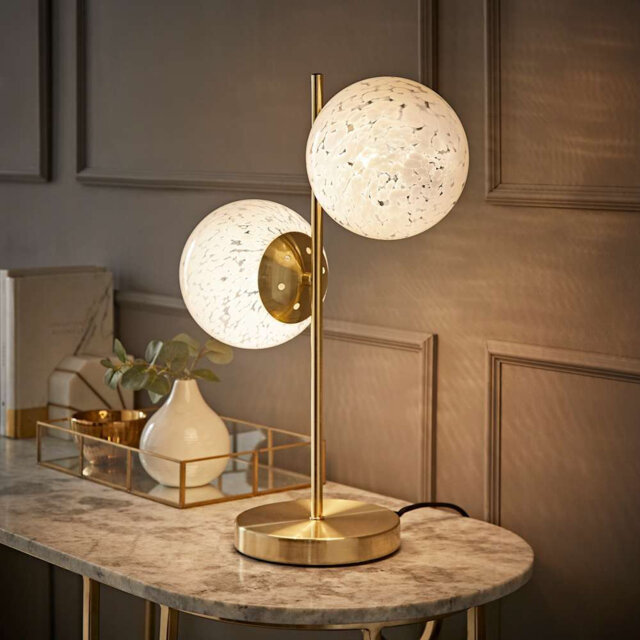 Jas Gold 2 Way Table Lamp with White Confetti Glass Globe Shades and Bulbs