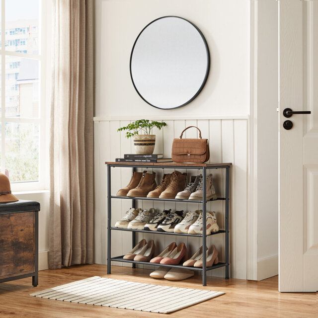 4 Tier Narrow Shoe Rack 3 Fabric Shelves Top for Bags Steel Frame Entryway Closet Industrial