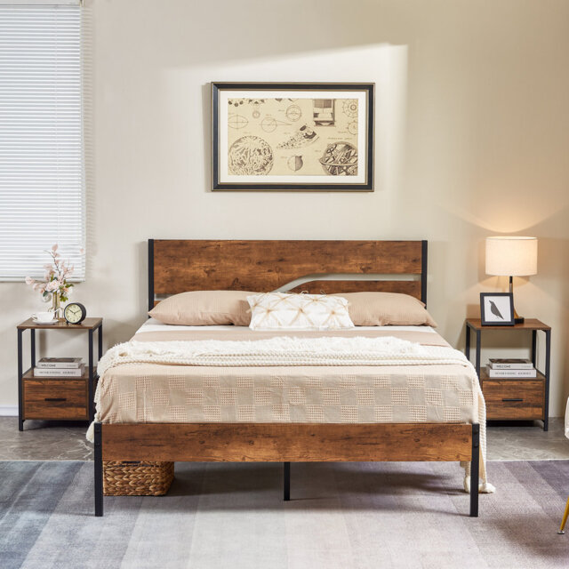 3 Piece Bedroom Set, Industrial Bed Frame with 2 Nightstands Set, Metal Platform Bed with Wood Headboard & Footboard, Farmhouse Bedroom Furniture Set
