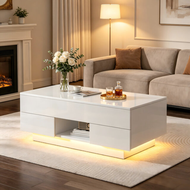 White High Gloss Lift Top Coffee Table With LED Lights and 2 Drawers For Living Room