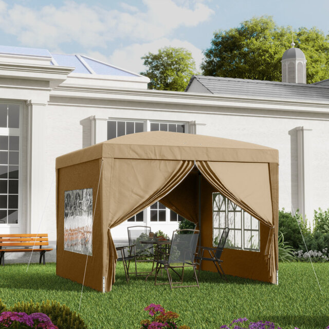 3 X 3m Pop Up Gazebo In Khaki, Weather & Uv Resistant Outdoor Canopy Tent With 4 Removable Sidewalls, Zipped Doors & Windows, Steel Frame And Portable