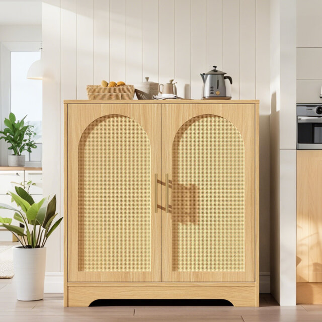 Sideboard Buffet Cabinet- with 2 Rattan Doors, Large Storage Console Table & Modern Accent Coffee Bar Cabinet for Living Room, Kitchen, Hallway, Dinin