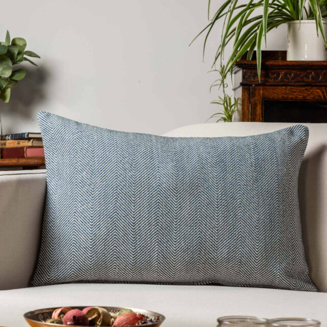 Faux Wool Linen Blend Herringbone Cushion in Navy Blue