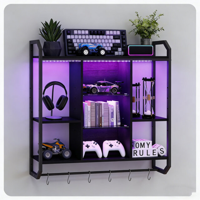 LED Floating Wall Mounted Shelf With Adjustable Glass Shelves & 6 Hooks, Display Shelf For Bedroom, Gaming Room & Bar