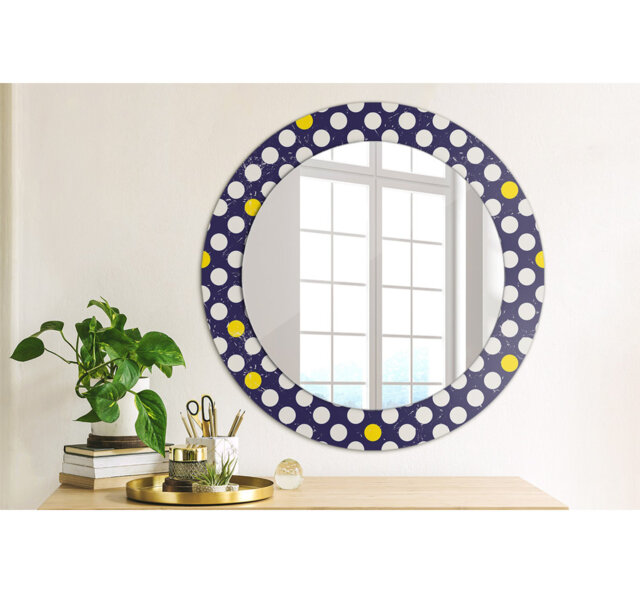 Huldar Round Glass Framed Wall Mounted Accent Mirror in Dark Blue/White/Yellow
