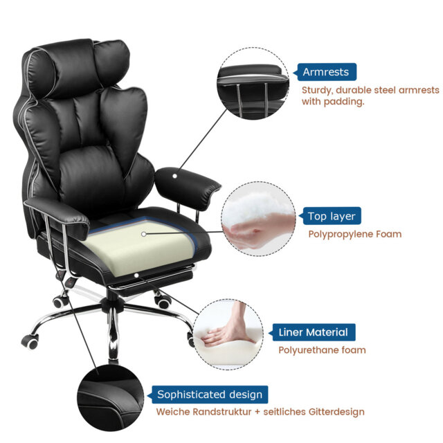 Millton Office Chair, Executive desk Chair Ergonomic High Back PU Leather Reclining Computer Chairs with Footrest Height Adjustable 360° Swivel Gaming