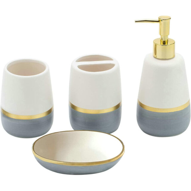 4-Piece Grey Gold Bathroom Kit: Ceramic Soap Dispenser, Toothbrush Holder, Dish, Tumbler (Storage Gift)