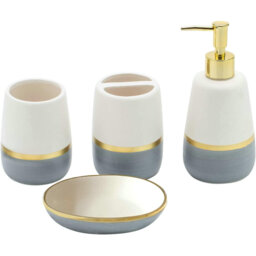 4-Piece Grey Gold Bathroom Kit: Ceramic Soap Dispenser, Toothbrush Holder, Dish, Tumbler (Storage Gift)