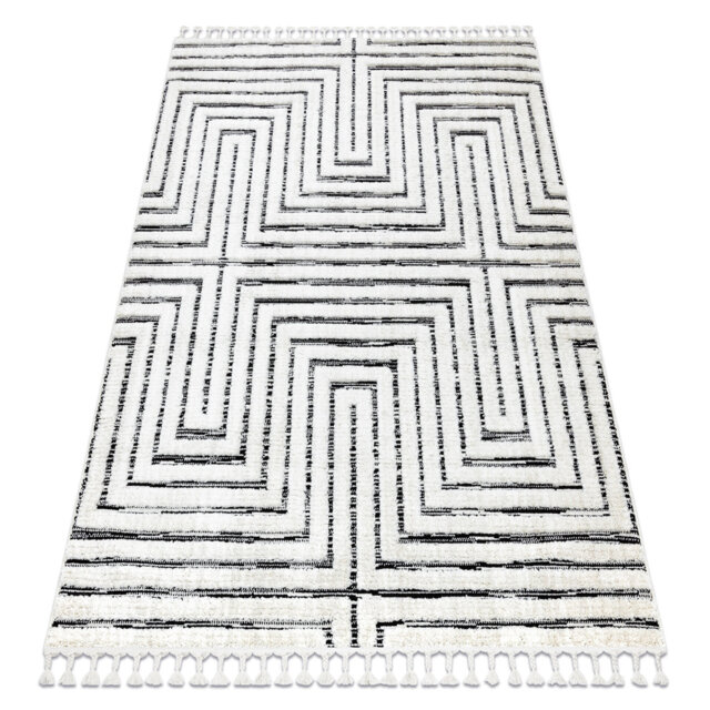 Labyrinth Rug in Greek White / Anthracite Fringe Berber Moroccan Shaggy
