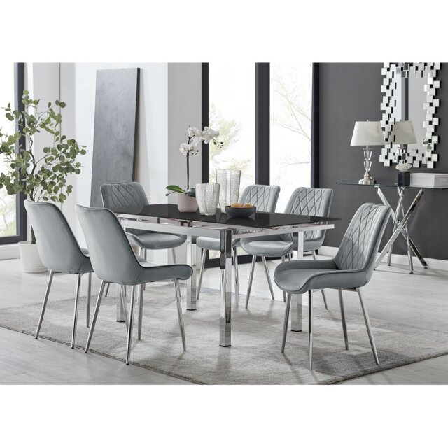 Tierra Modern Glass & Metal Extendable Dining Table Set & 6 Luxury Upholstered Velvet Dining Chairs