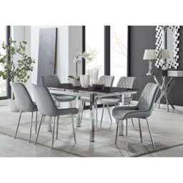Tierra Modern Glass & Metal Extendable Dining Table Set & 6 Luxury Upholstered Velvet Dining Chairs