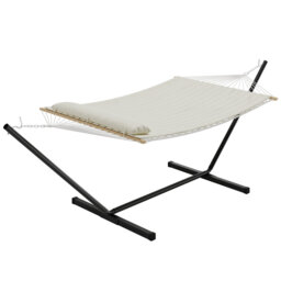 Heavy Duty Double Hammock with Stand – 2 Person Cotton Rope Outdoor Patio Bed with Reversible Quilted Pad & Hardwood Spreader Bars – 475lbs Capacity –