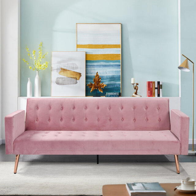 Plush Velvet Sofa Bed In Green With Gold Metal Legs