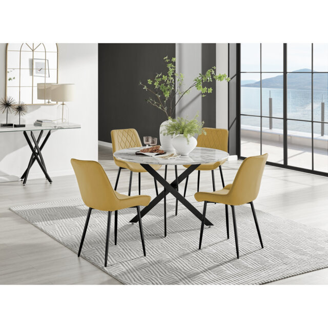 Tierra Modern Chrome Metal & Glass Round Dining Table Set with 6 Luxury Faux Leather Chairs