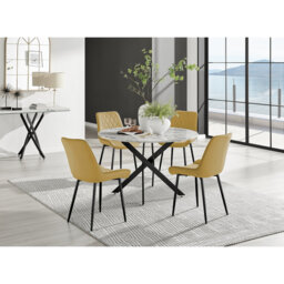 Tierra Modern Chrome Metal & Glass Round Dining Table Set with 6 Luxury Faux Leather Chairs