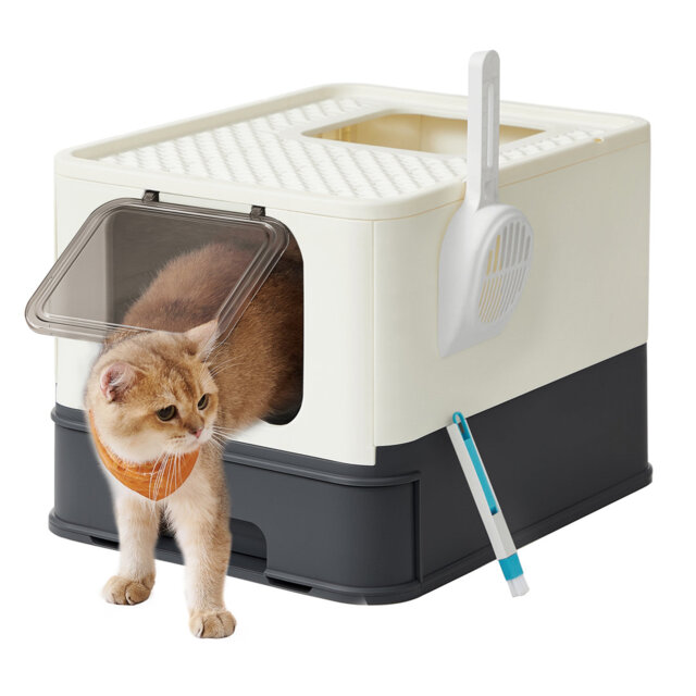 Hidden Cat Litter Box, Cat Litter Tray With Hood, Slide-Out Tray, Scoop, Brush, Spacious For Large Cats, Max. Load 15 Kg, Anti-Tracking, Anti-Leaking