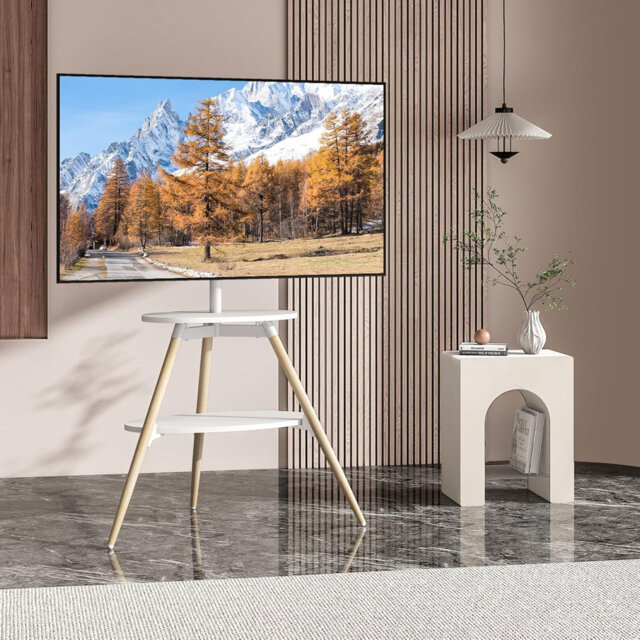 Tripod Easel TV Stand with 2 Shelves Swivel Wooden TV Floor Stand for 32-65 Inch VESA 400x400mm Max Load 40kgs
