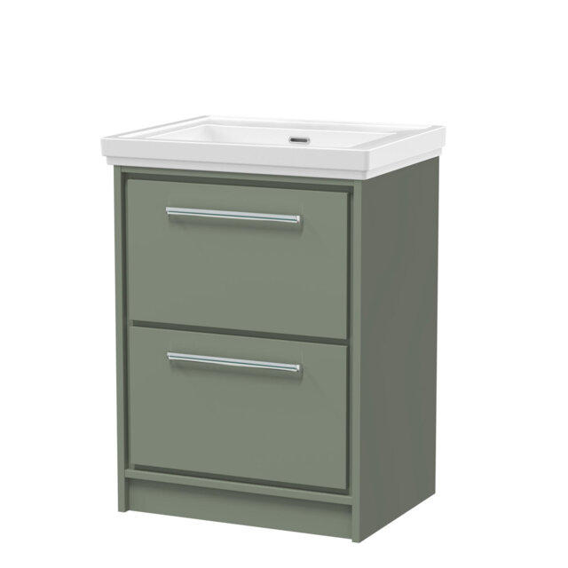 Hudson Reed Lille 600mm Fern Green 2 Drawer Floor Standing Vanity Unit With Fireclay Basin