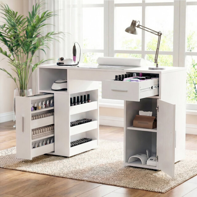Nail Desk,Professional Manicure Table with Wrist Rest&Drawers&Cabinet,Nail Station Beauty Tech Desk with Electric Dust Collector&Dust Bags,Glass Table