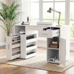 Nail Desk,Professional Manicure Table with Wrist Rest&Drawers&Cabinet,Nail Station Beauty Tech Desk with Electric Dust Collector&Dust Bags,Glass Table
