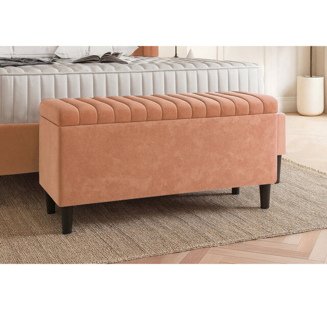Plush Velvet Lined Upholstered Ottoman Storage Box with Wooden Legs