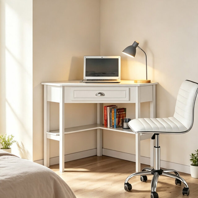 L Shaped Computer Desk with Drawer and Open Storage Shelves MDF White Corner Workstation 106cm