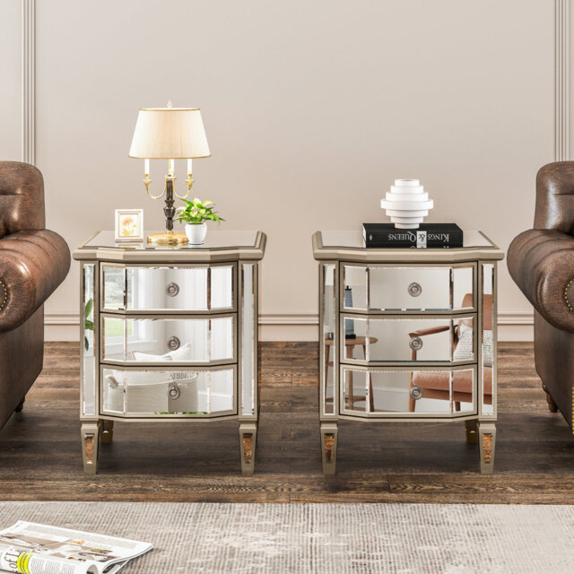 3 Drawers Vintage Mirrored Bedside Table Set of 2