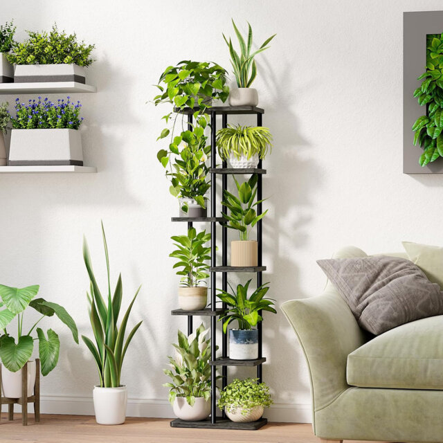 7 Tier Plant Stands Indoor, Corner Shelf Tall Plant Stand, Metal Tiered Display Stand for Living Room Balcony Garden Patio, Black