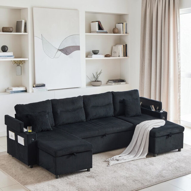 Corduroy 4-seater Sofa, Cup Holders, USB Ports, Pull-out Bed