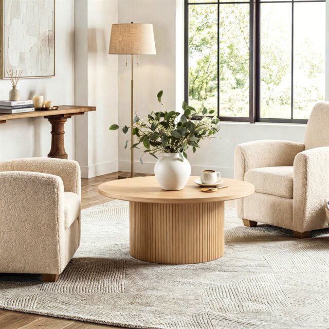 Charleily Solid Wood Coffee Table Pedestal Round Sofa Side Table