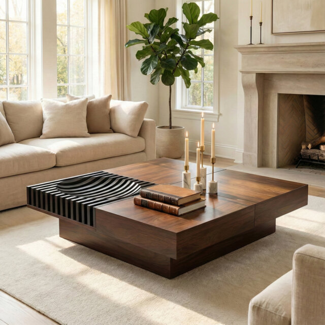 Mid Century Square Wood Coffee Table with Storage & Wave-Textured Accent, Walnut Finish for Contemporary Living Room