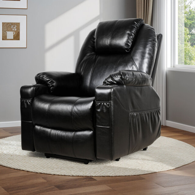 Power Lift Recliner Chair with Storage Pockets for Elderly, Faux Leather Electric Reclining Armchair with Massage and Vibration