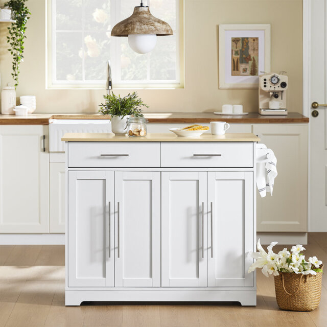 Kitchen Island On Wheels Rolling Kitchen Storage Trolley With Extendable Rubber Wood Worktop, 2 Drawers And Adjustable Shelves For Dining Room