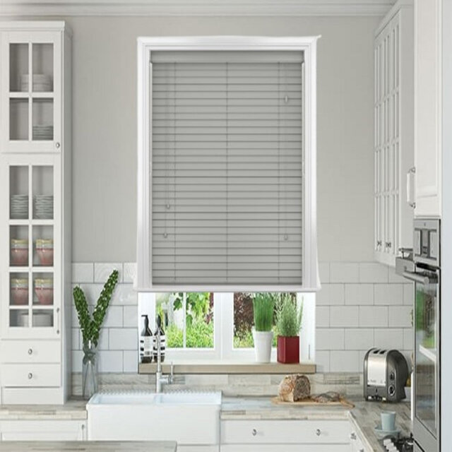 Modern PVC Faux Wood Venetian Window Blinds Moisture Resistant Corded Shades for Living Room Bedroom Kitchen