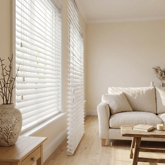 Modern PVC Faux Wood Venetian Window Blinds, Moisture-Resistant Corded Shades