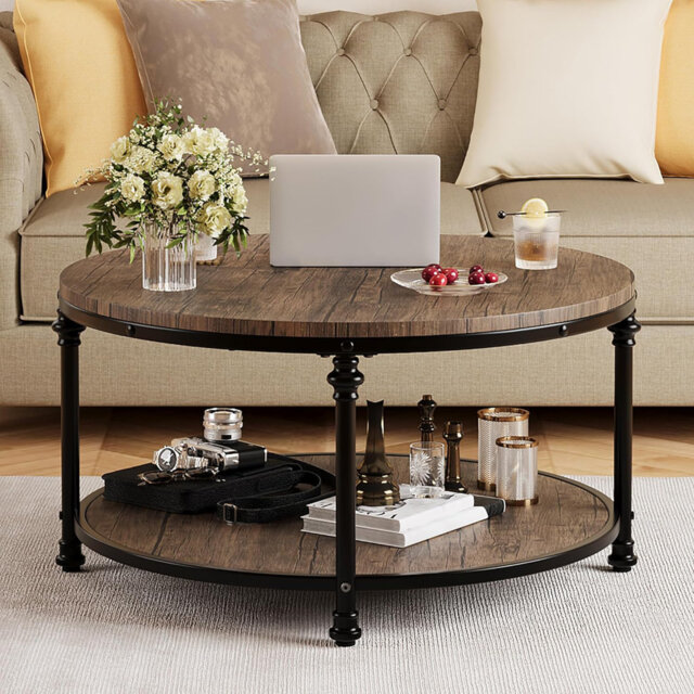 Round Coffee Table 2-Tier Wood Coffee Table with Storage Shelf Circle Center Table Living Room (30.5/34 Inch)
