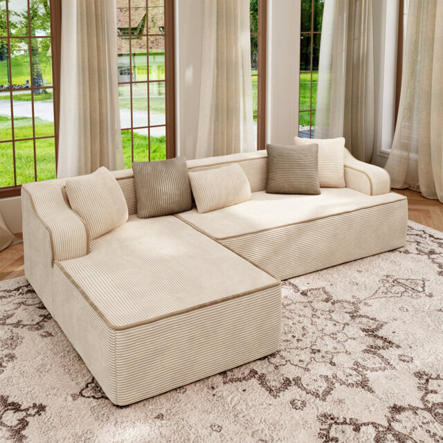 Modern Padded Plush Corduroy Cloud Corner Sofa With L-shaped Chaise And Deep Seating, No Assembly Required, For Living Room Office Apartment
