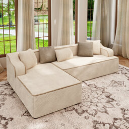 Modern Padded Plush Corduroy Cloud Corner Sofa With L-shaped Chaise And Deep Seating, No Assembly Required, For Living Room Office Apartment