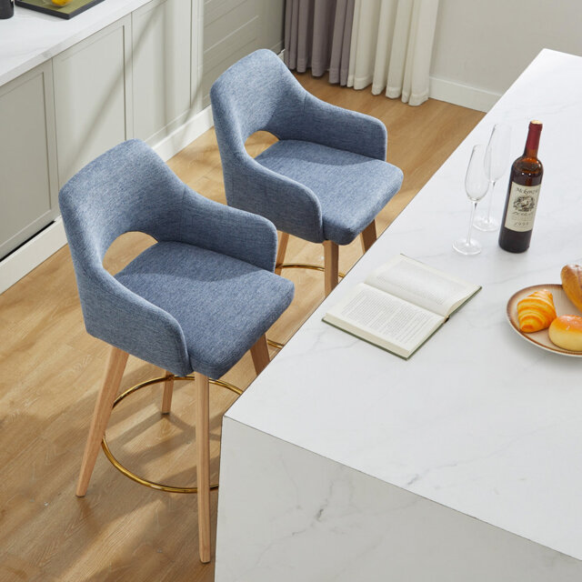 Lovetro 68cm H Swivel Linen Upholstered Counter Stool with Solid Wood Frame and Arms