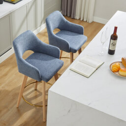 Lovetro 68cm H Swivel Linen Upholstered  Counter Stool with Solid Wood Frame and Arms